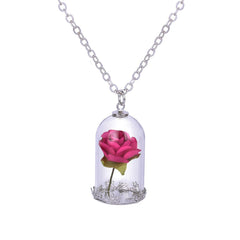 Silver-Plated & Rose Color Velvet Rose Pendant Necklace