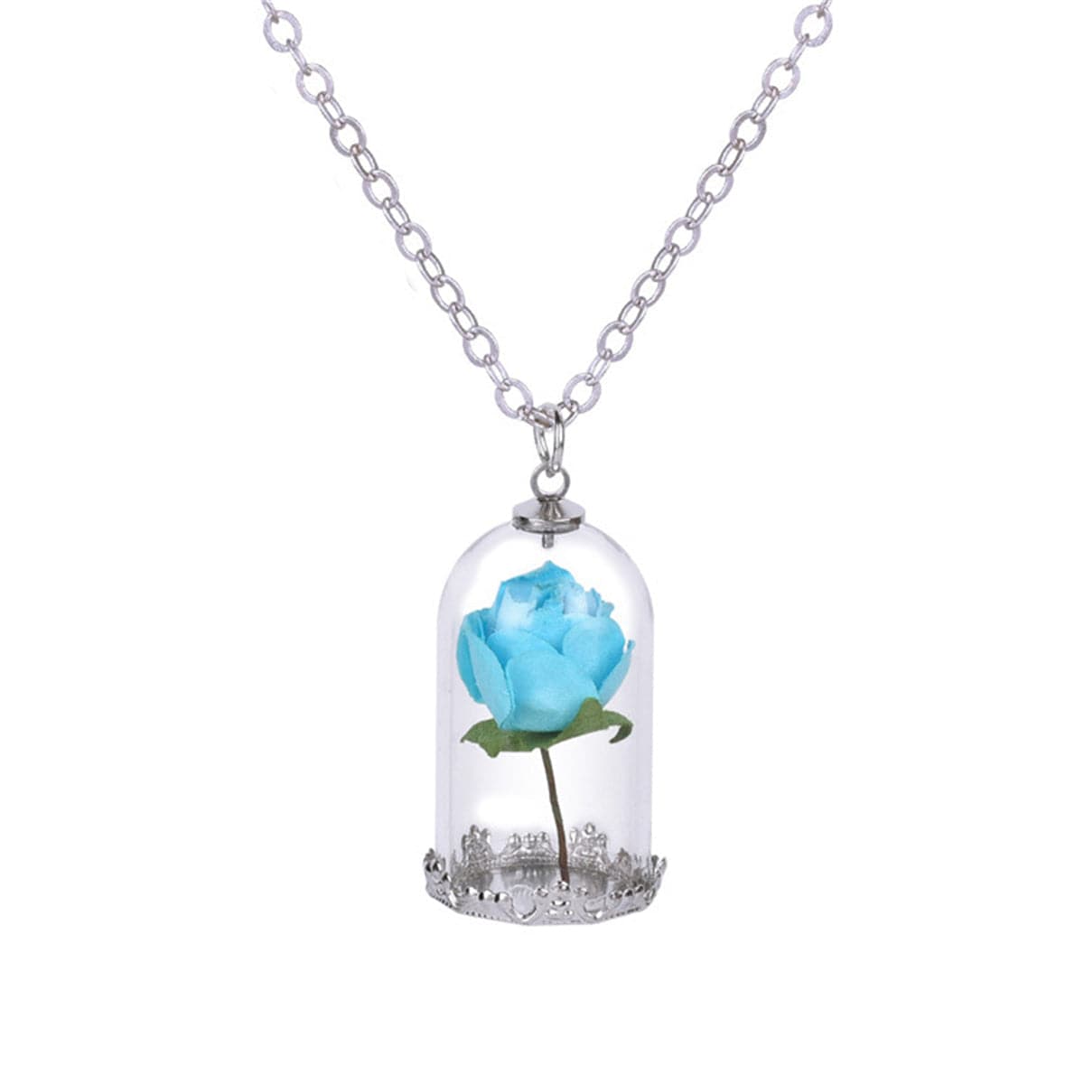 Silver-Plated & Light Blue Velvet Rose Pendant Necklace