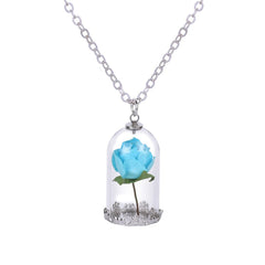 Silver-Plated & Light Blue Velvet Rose Pendant Necklace