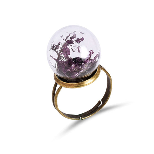 Purple Gypsophila and Glass Blossom Dome Ring, statement rings for women, elegant gift for her, front view