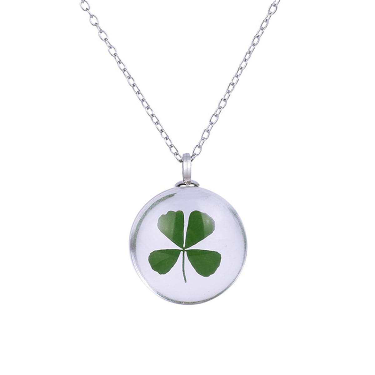 Clover and Silver-Plated Pressed Leaf Round Pendant Necklace, silver pendant necklace for women, everyday style, front view