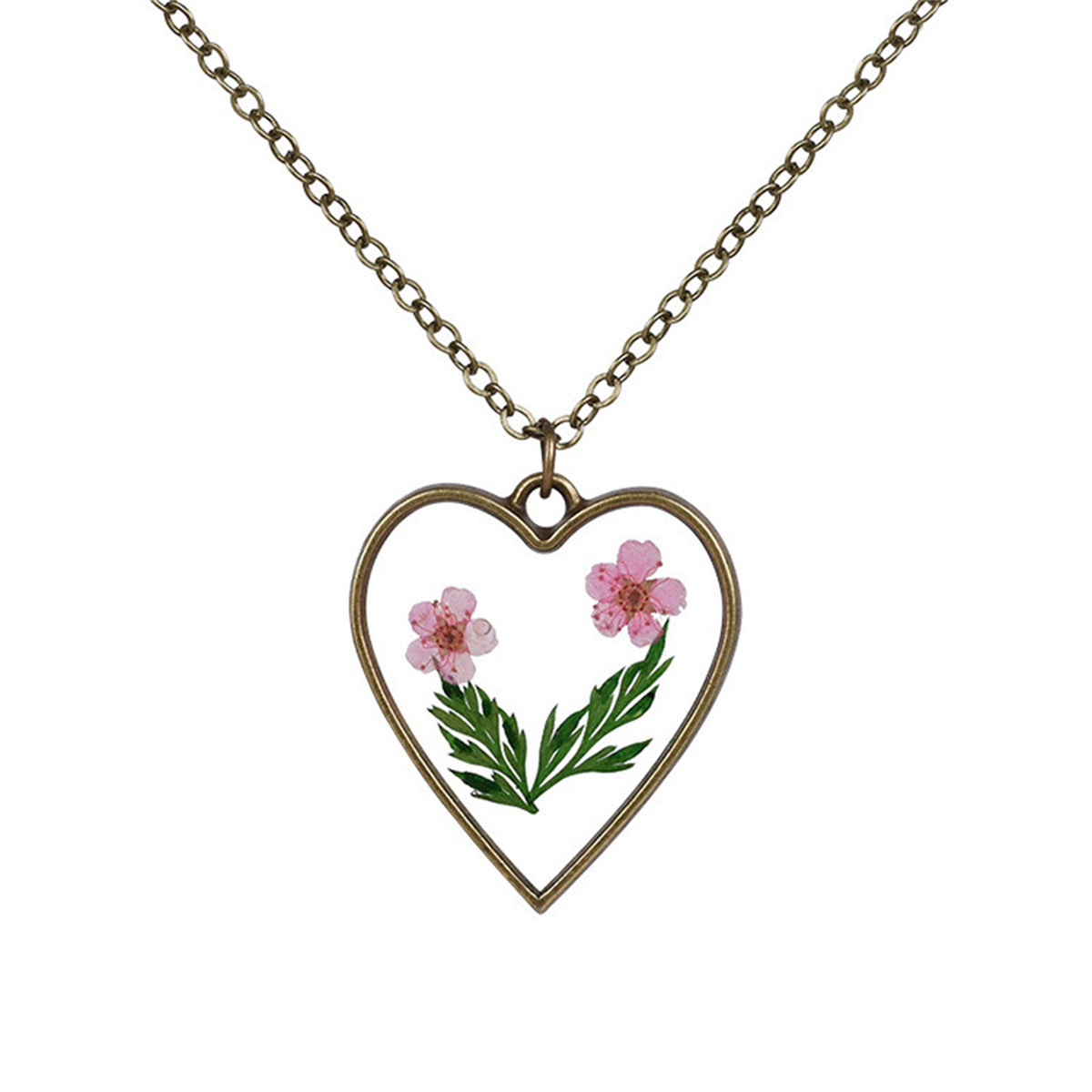 Pink Pressed Flower & 18K Gold-Plated Heart Pendant Necklace