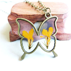 Yellow Flower & 18K Gold-Plated Pressed Flower Butterfly Pendant Necklace