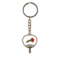 Red Peach Blossom & Goldtone Fan Keychain