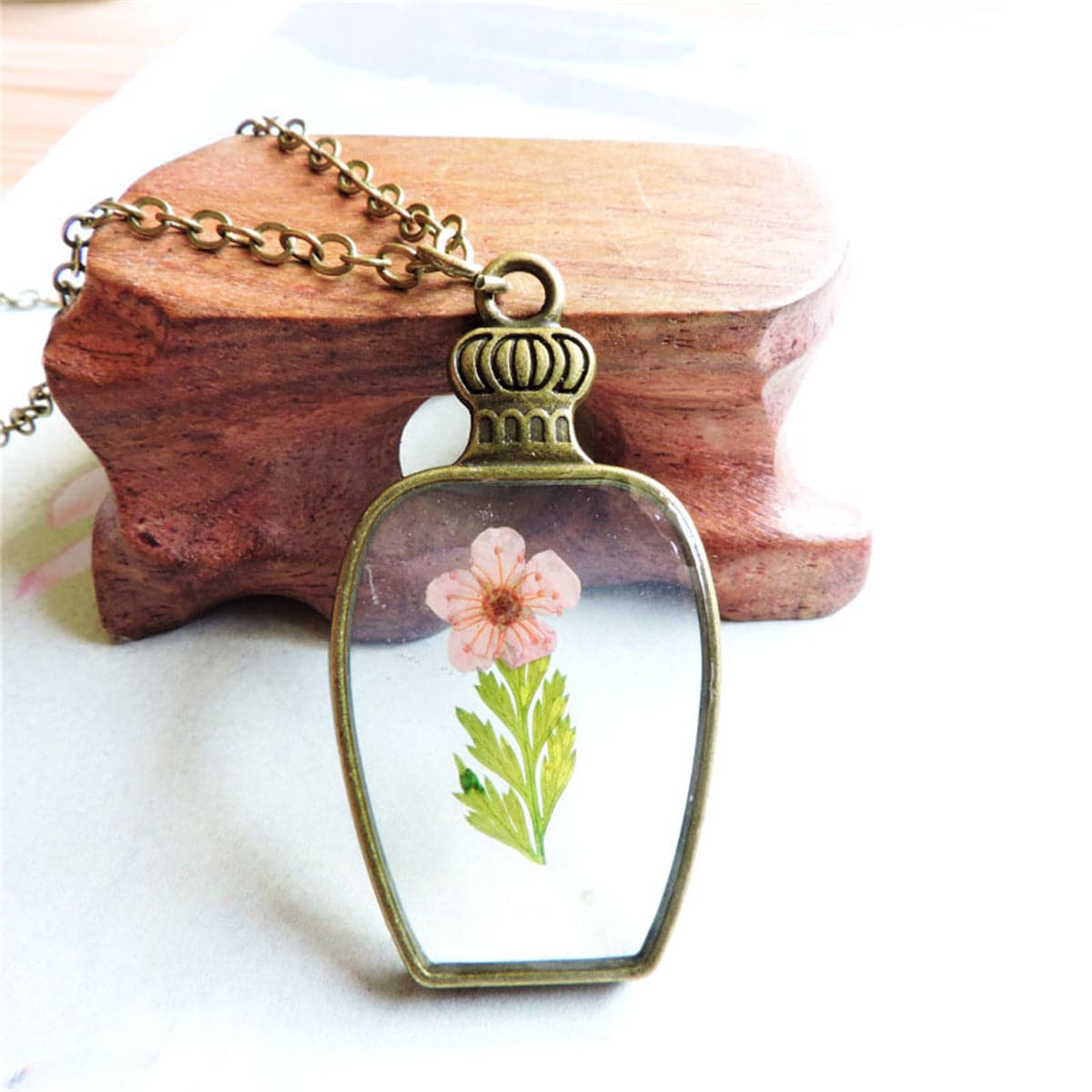 Pink Peach Blossom & 18K Gold-Plated Vase Pendant Necklace