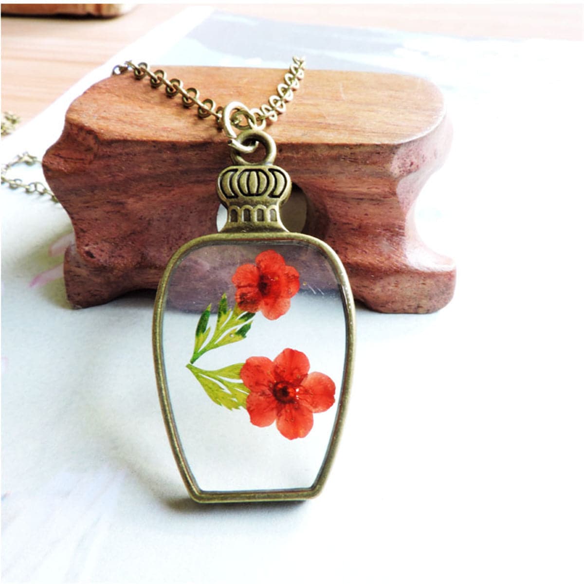 Red & Green Flower 18K Gold-Plated Vase Pendant Necklace
