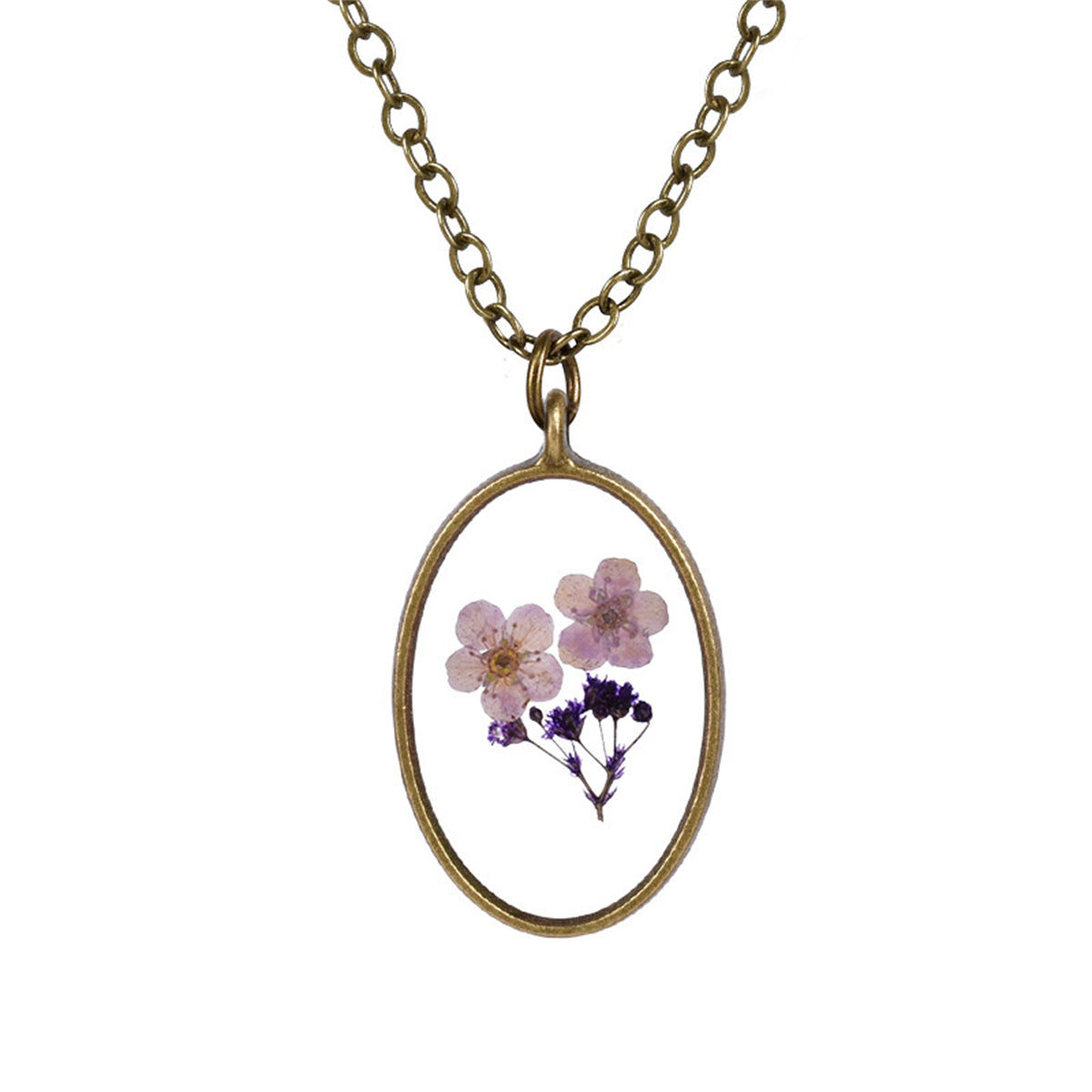 Purple Pressed Peach Blossom & 18K Gold-Plated Oval Pendant Necklace