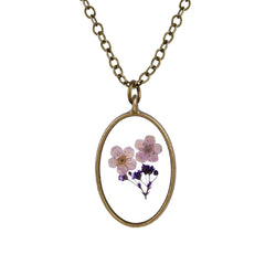 Purple Pressed Peach Blossom & 18K Gold-Plated Oval Pendant Necklace
