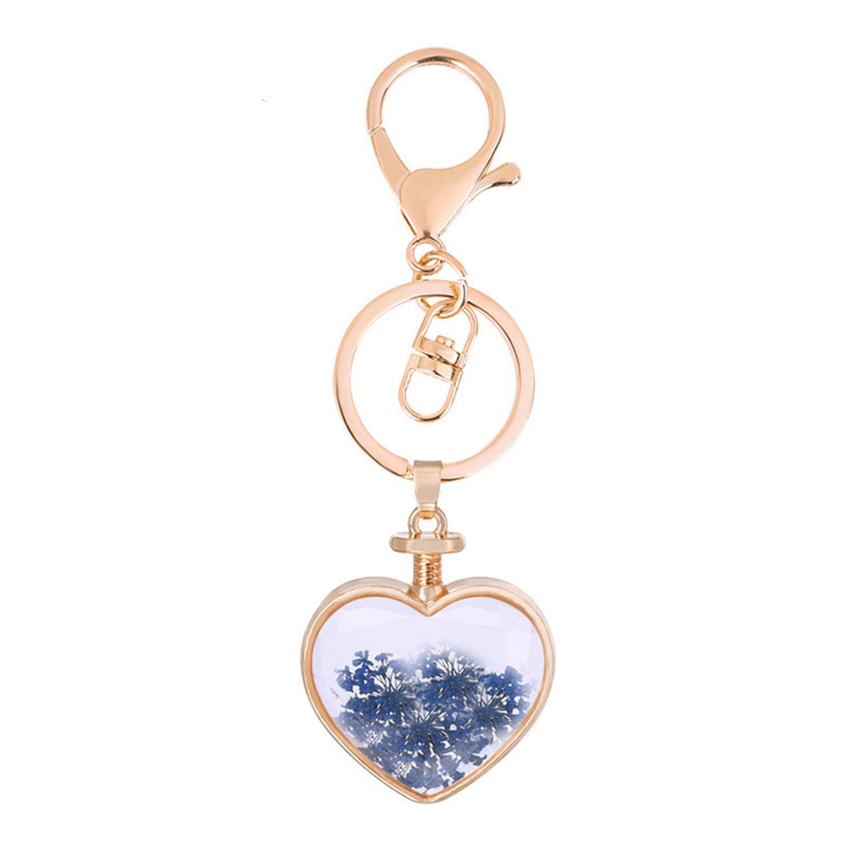 Blue and 18K Gold-Plated Pressed Gypsophila Heart Key Chain, gold pendant necklace for women, front view