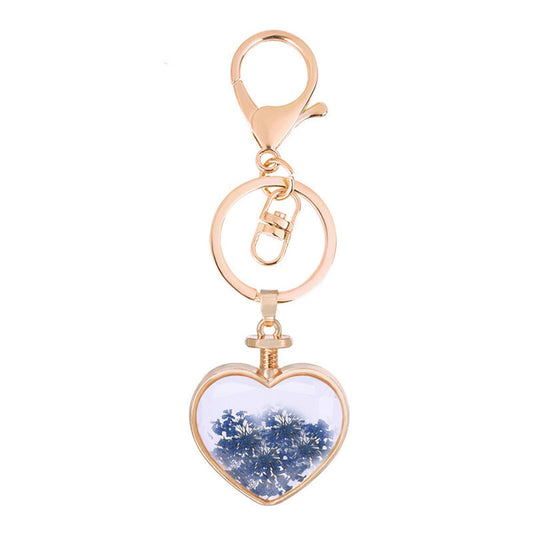 Blue and 18K Gold-Plated Pressed Gypsophila Heart Key Chain, gold pendant necklace for women, front view