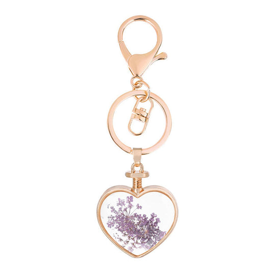Light Purple Pressed Gypsophila and 18K Gold-Plated Heart Key Chain, gold pendant necklace for women, front view