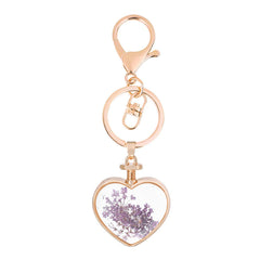 Light Purple Pressed Gypsophila & 18K Gold-Plated Heart Key Chain