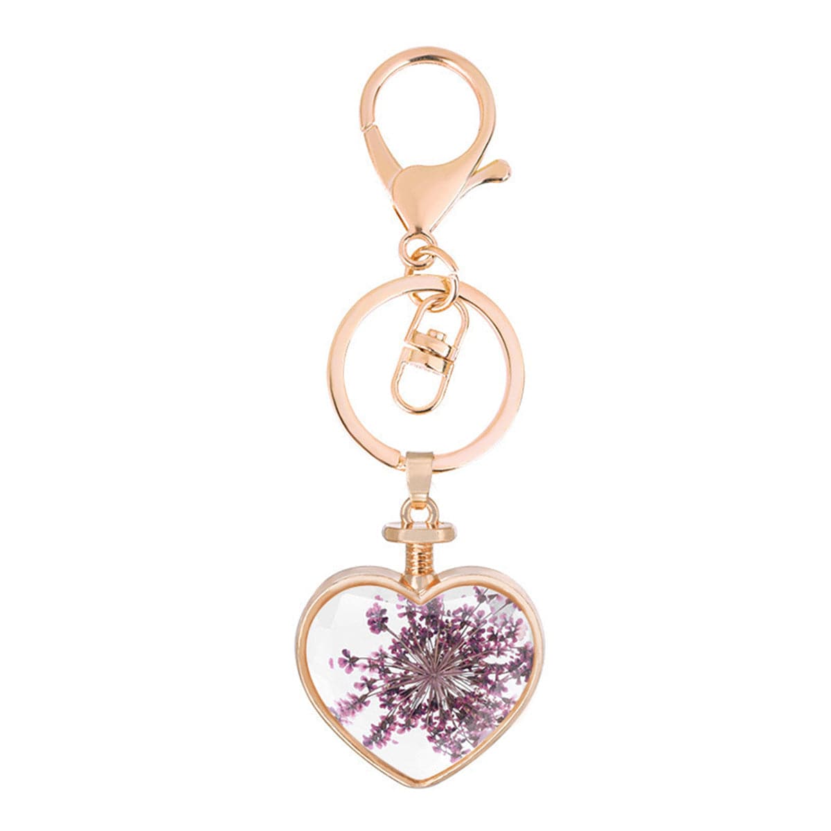 Purple Pressed Baby'S Breath  and 18K Gold-Plated Heart Key Chain, gold pendant necklace for women, front view