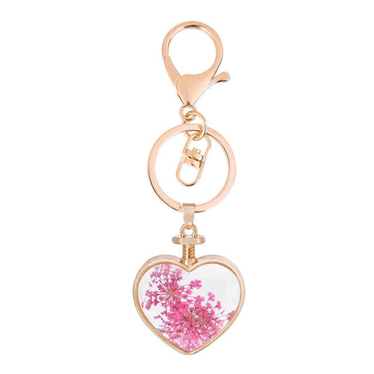 Rose Pressed Gypsophila and 18K Gold-Plated Heart Key Chain, gold pendant necklace for women, everyday style, front view
