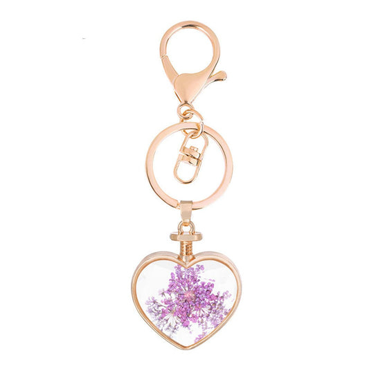 Violet Flower and 18K Gold-Plated Pressed Baby'S Breath Heart Key Chain, gold pendant necklace for women, front view