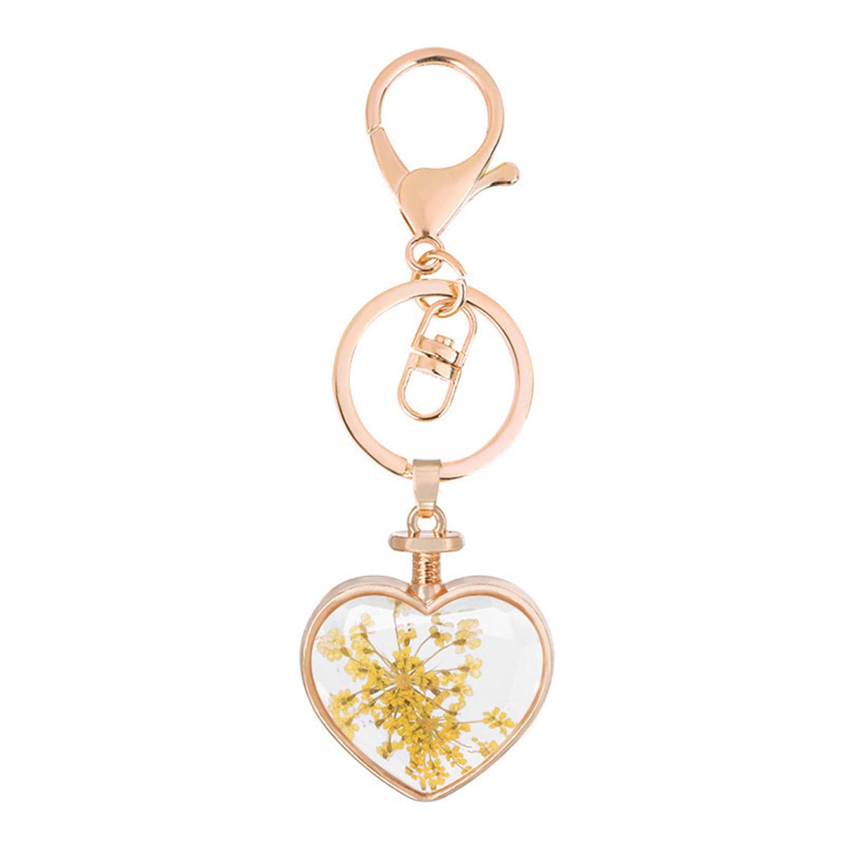 Yellow Gypsophila and 18K Gold-Plated Pressed Flower Heart Key Chain, gold pendant necklace for women, front view