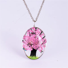 Pink Floral  & Silver-Plated Life Tree Pendant Necklace