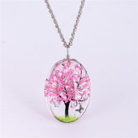 Pink Floral  & Silvertone Life Tree Pendant Necklace