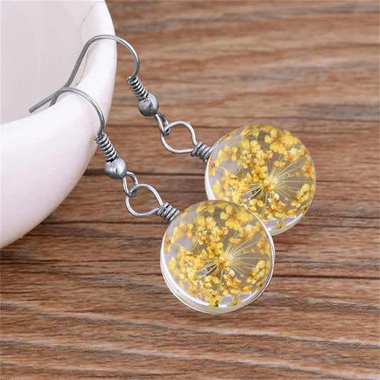 Yellow Gypsophila and Silver-Plated Drop Earrings, silver drop earrings for women, botanical inspired, front view