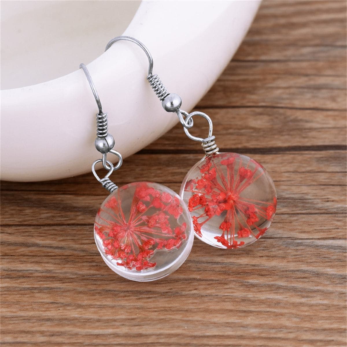 Red Gypsophila and Silver-Plated Drop Earrings, silver drop earrings for women, dainty minimalist design, front view