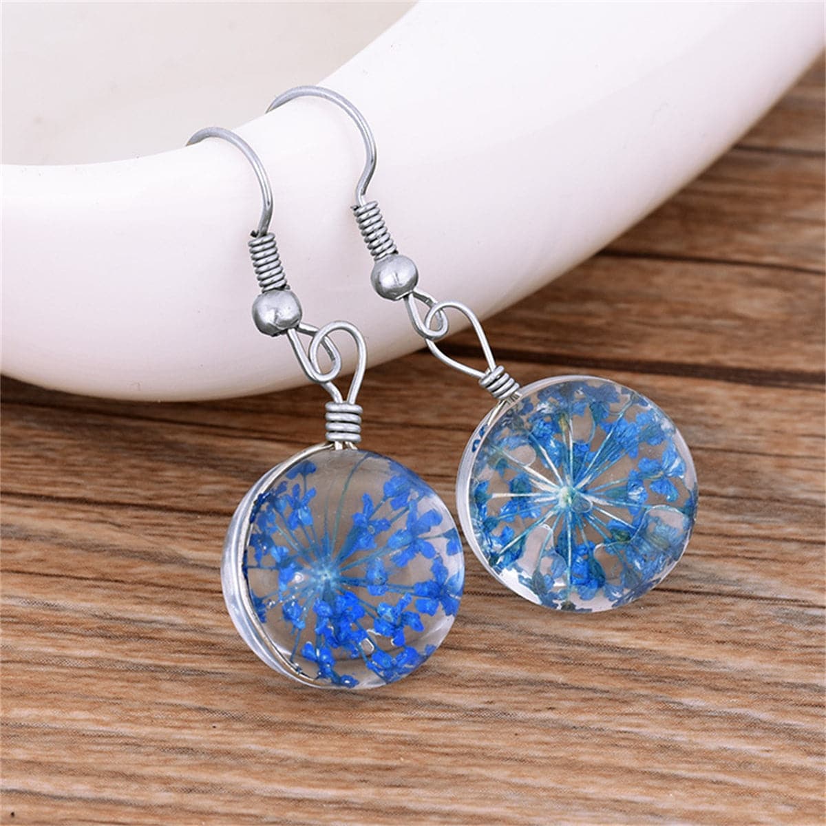 Blue Gypsophila and Silver-Plated Drop Earrings, silver drop earrings for women, elegant gift for her, front view