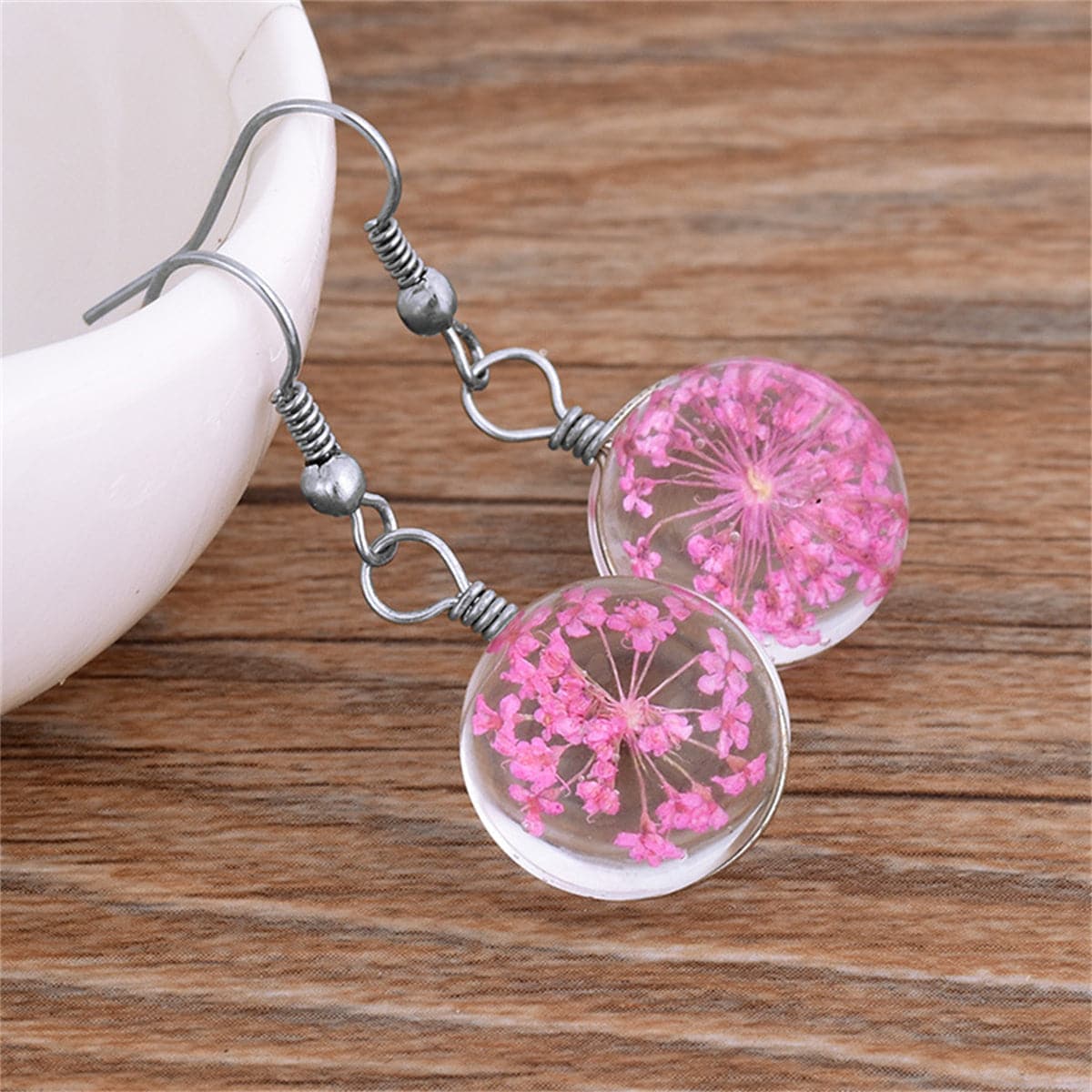 Rose Gypsophila and Silver-Plated Drop Earrings, silver drop earrings for women, dainty minimalist design, front view