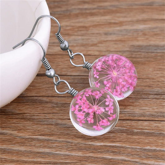 Rose Gypsophila and Silver-Plated Drop Earrings, silver drop earrings for women, dainty minimalist design, front view