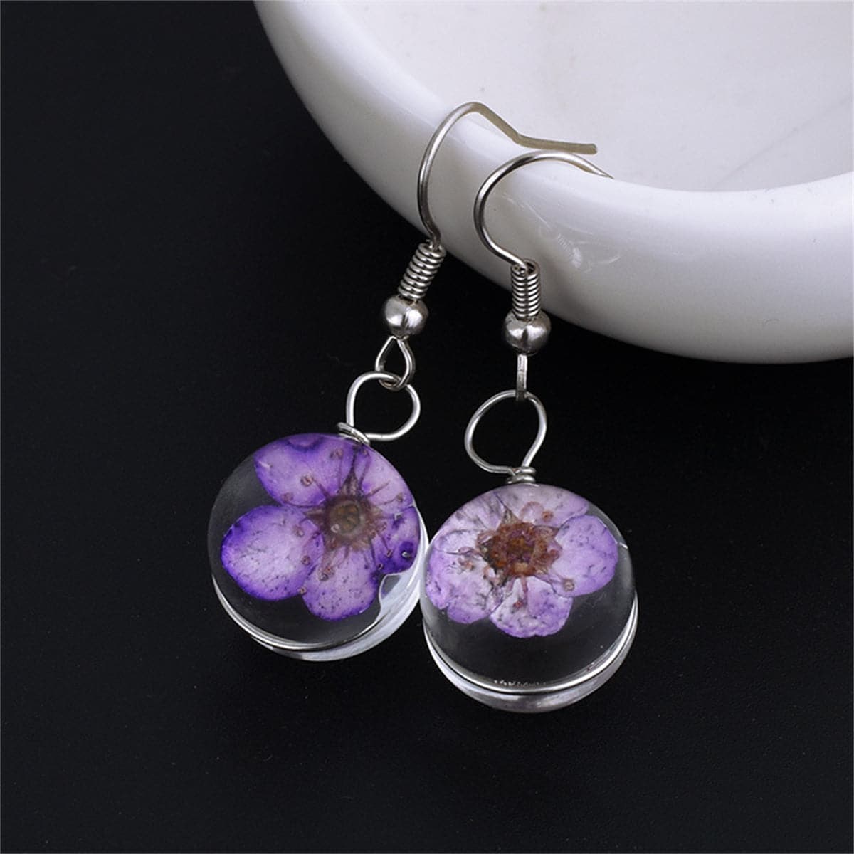 Purple Peach Blossom & Silver-Plated Drop Earrings