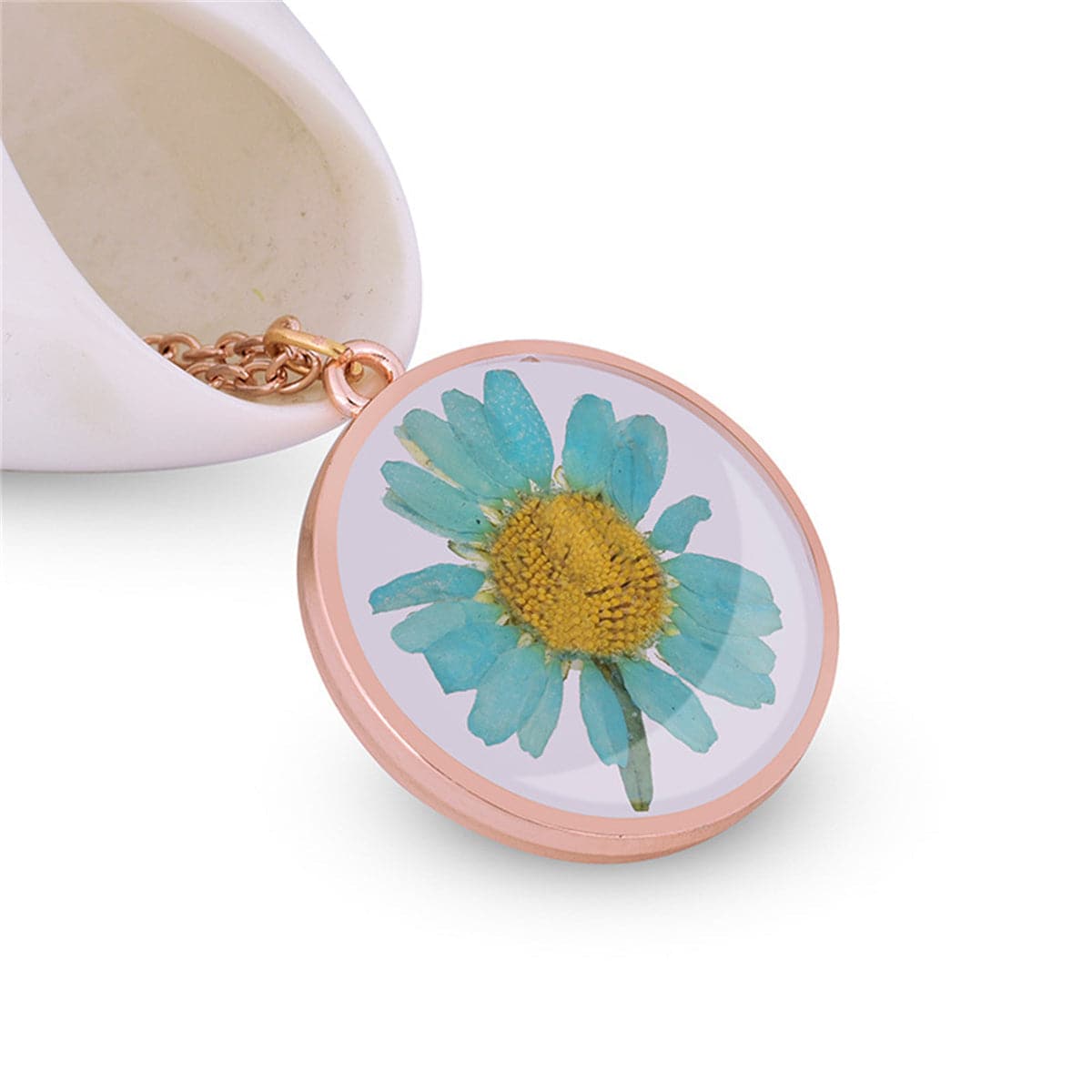 Blue Pressed Mum and 18K Rose Gold-Plated Pendant Necklace, rose gold pendant necklace for women, front view