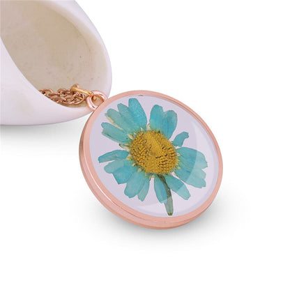 Blue Pressed Mum and 18K Rose Gold-Plated Pendant Necklace, rose gold pendant necklace for women, front view