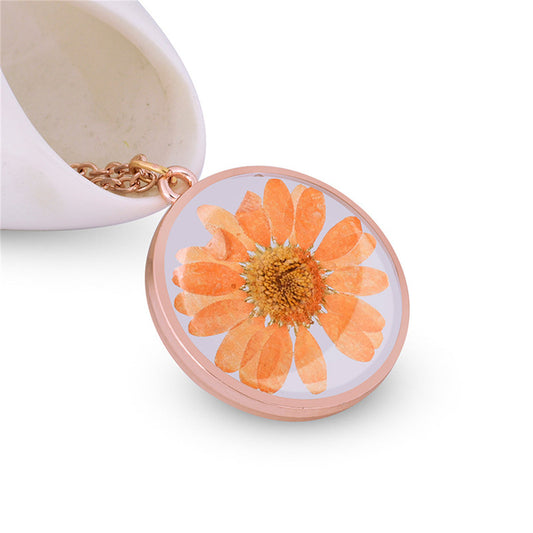 Orange Pressed Mum and 18K Rose Gold-Plated Round Pendant Necklace, rose gold pendant necklace for women, front view