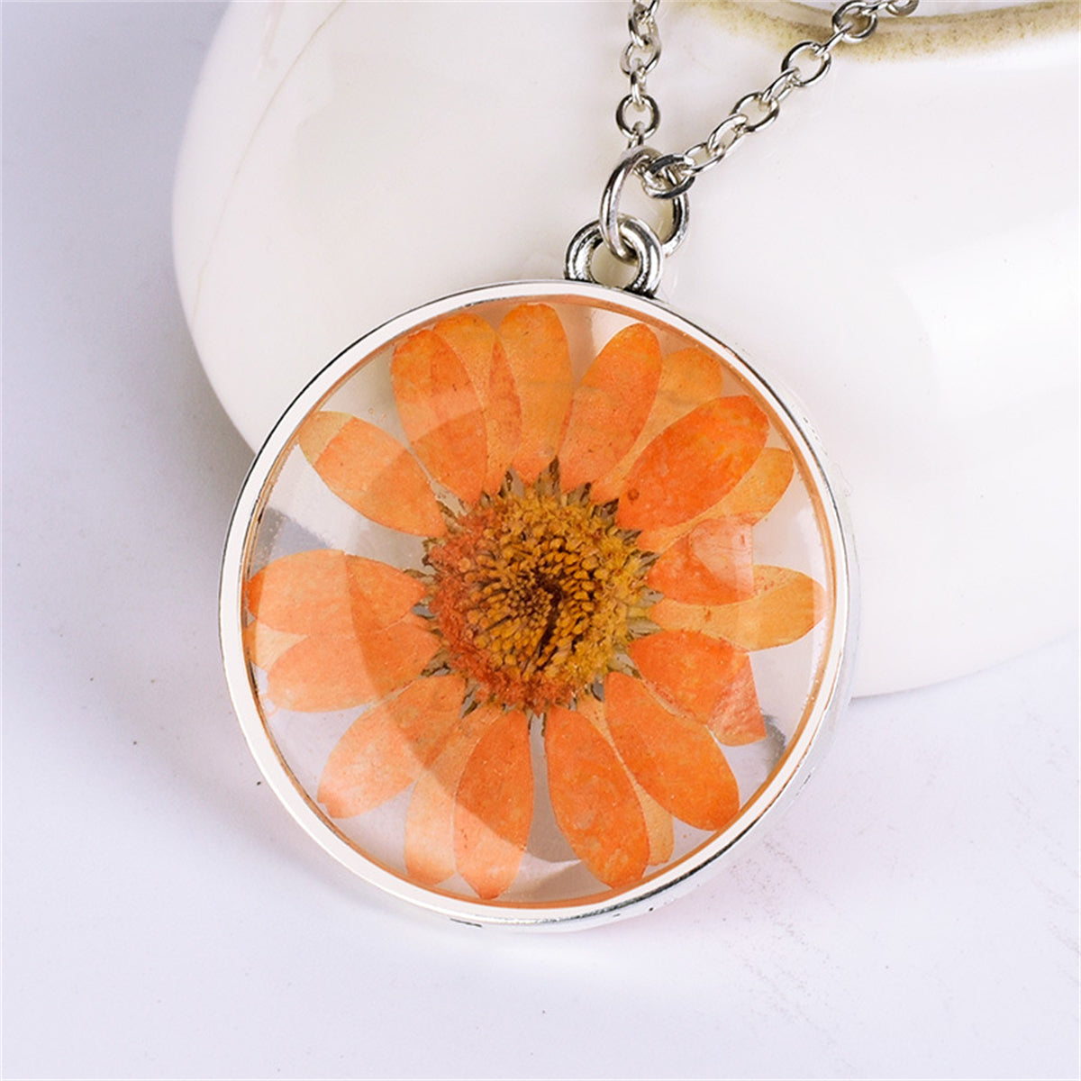 Orange Pressed Mum and Silver-Plated Round Pendant Necklace, silver pendant necklace for women, side view
