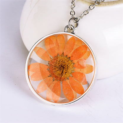 Orange Pressed Mum and Silver-Plated Round Pendant Necklace, silver pendant necklace for women, side view