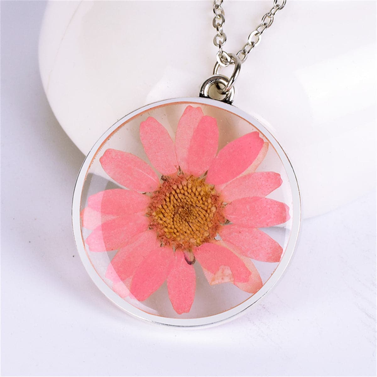 Pink Pressed Mum and Silver-Plated Round Pendant Necklace, silver pendant necklace for women, everyday style, front view