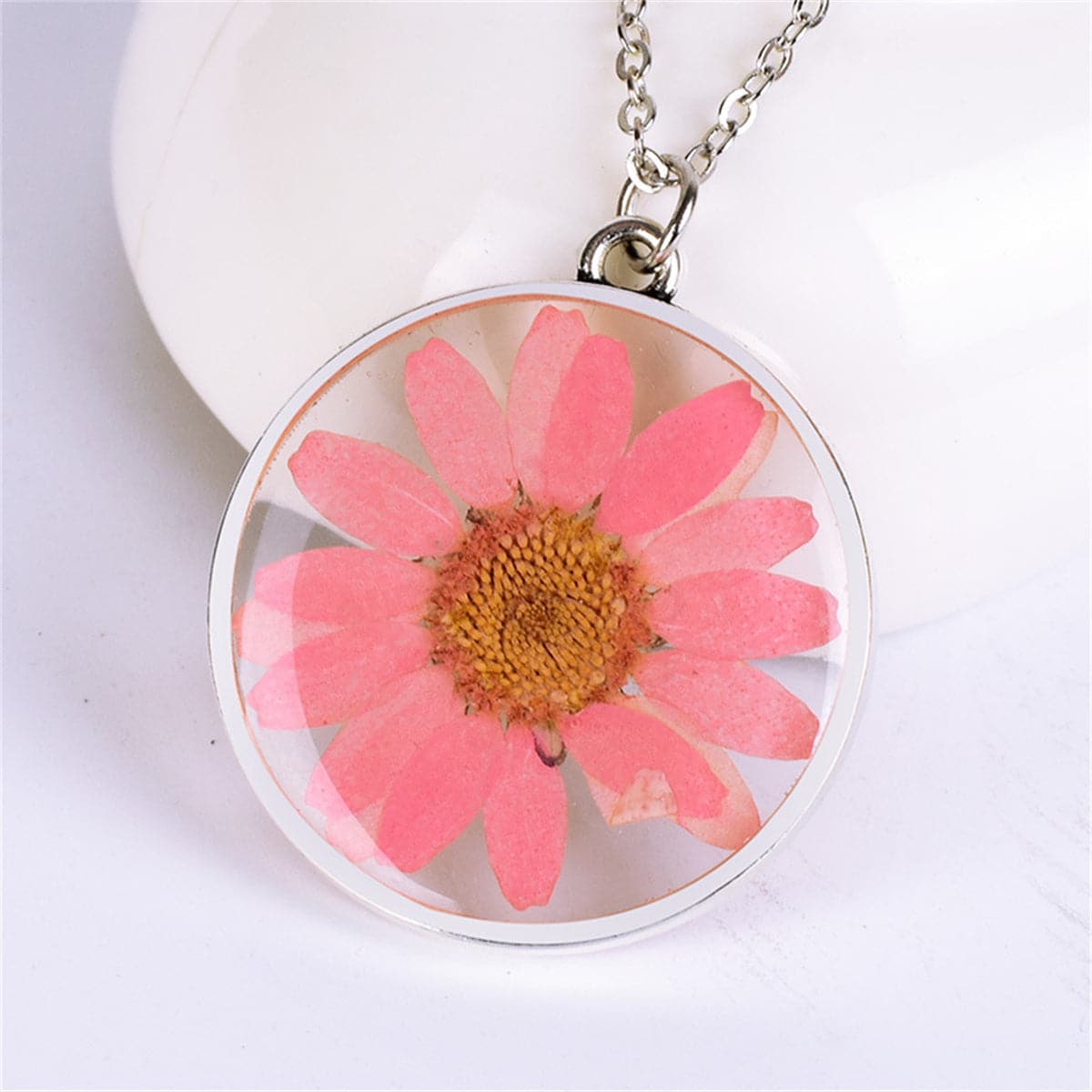 Pink Pressed Mum & Silver-Plated Round Pendant Necklace