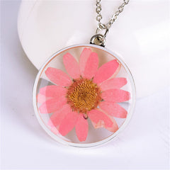 Pink Pressed Mum & Silver-Plated Round Pendant Necklace