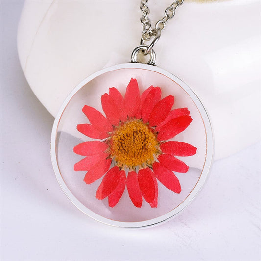 Red Pressed Mum and Silver-Plated Round Pendant Necklace, silver pendant necklace for women, front view