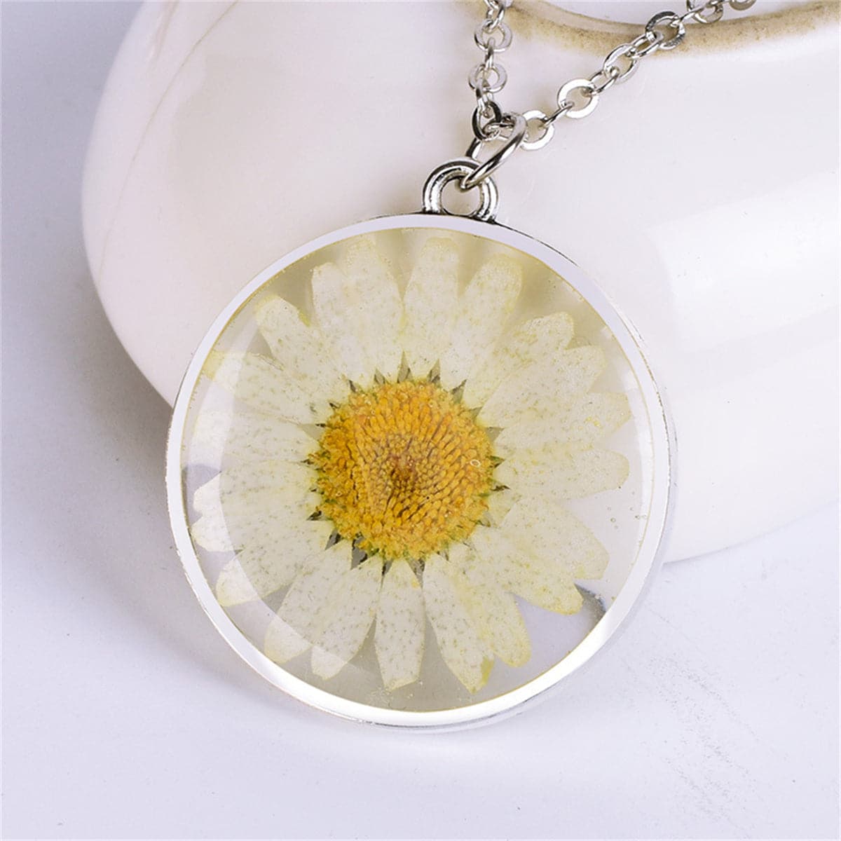 White and Yellow Pressed Mum Round Pendant Necklace, pendant necklace for women, botanical inspired, side view