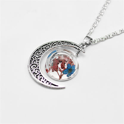 Blue Pressed Flower and Silver-Plated Filigree Moon Pendant Necklace, silver pendant necklace for women, front view