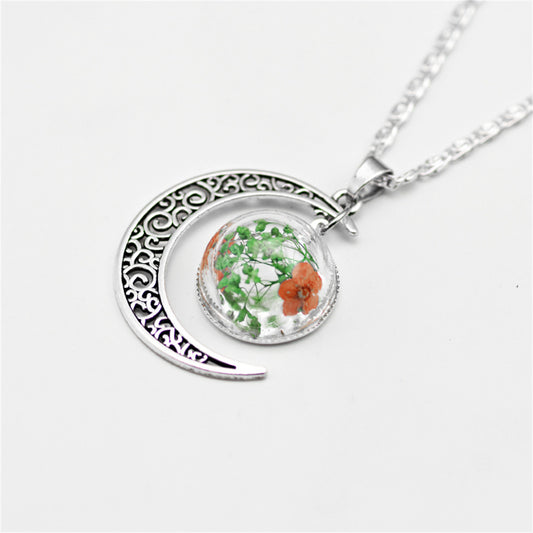 Green Pressed Flower and Silver-Plated Filigree Moon Pendant Necklace, silver pendant necklace for women, front view