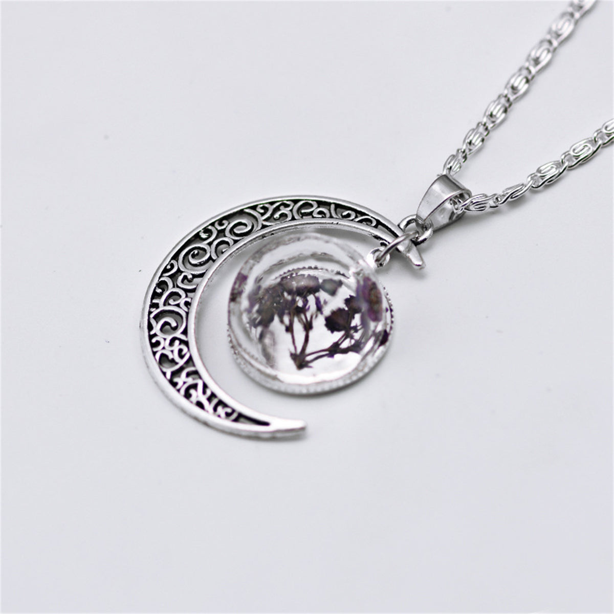 Purple Pressed Flower and Silver-Plated Filigree Moon Pendant Necklace, silver pendant necklace for women, front view