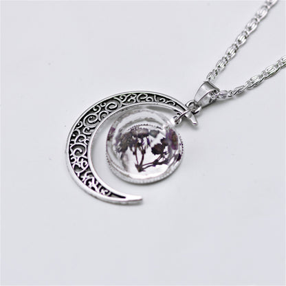 Purple Pressed Flower and Silver-Plated Filigree Moon Pendant Necklace, silver pendant necklace for women, front view