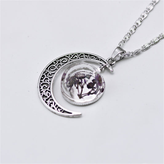 Purple Pressed Flower and Silver-Plated Filigree Moon Pendant Necklace, silver pendant necklace for women, front view
