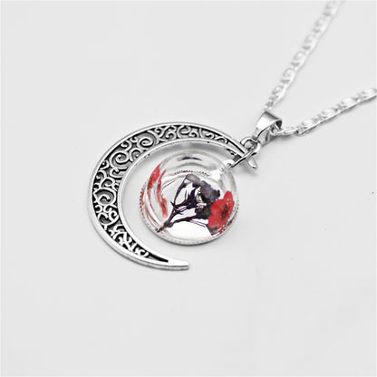 Red Pressed Flower and Silver-Plated Filigree Moon Pendant Necklace, silver pendant necklace for women, front view