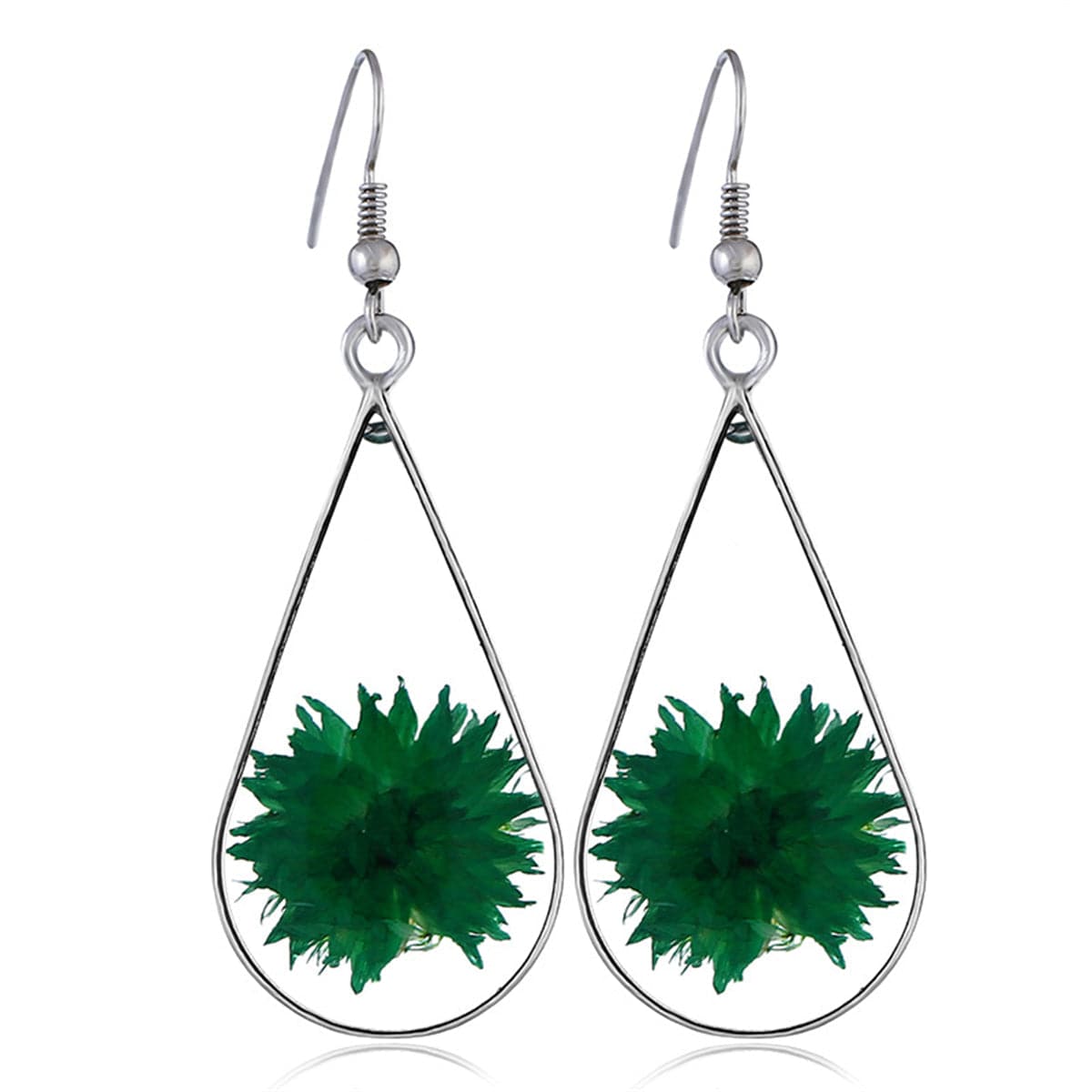 Green Peony and Silver-Plated Drop Earring, silver drop earrings for women, elegant gift for her, front view