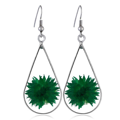 Green Peony and Silver-Plated Drop Earring, silver drop earrings for women, elegant gift for her, front view