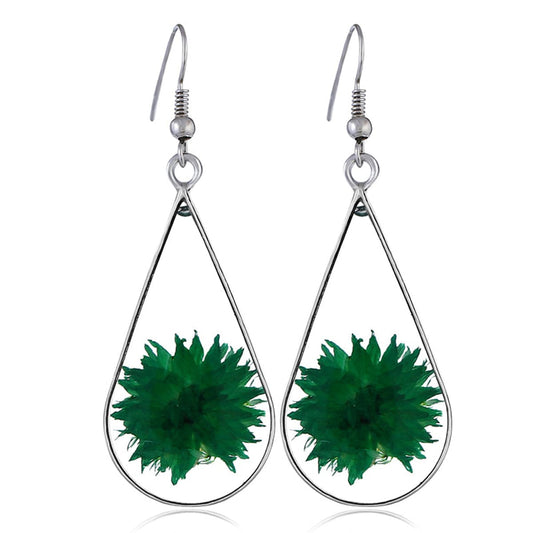 Green Peony and Silver-Plated Drop Earring, silver drop earrings for women, elegant gift for her, front view