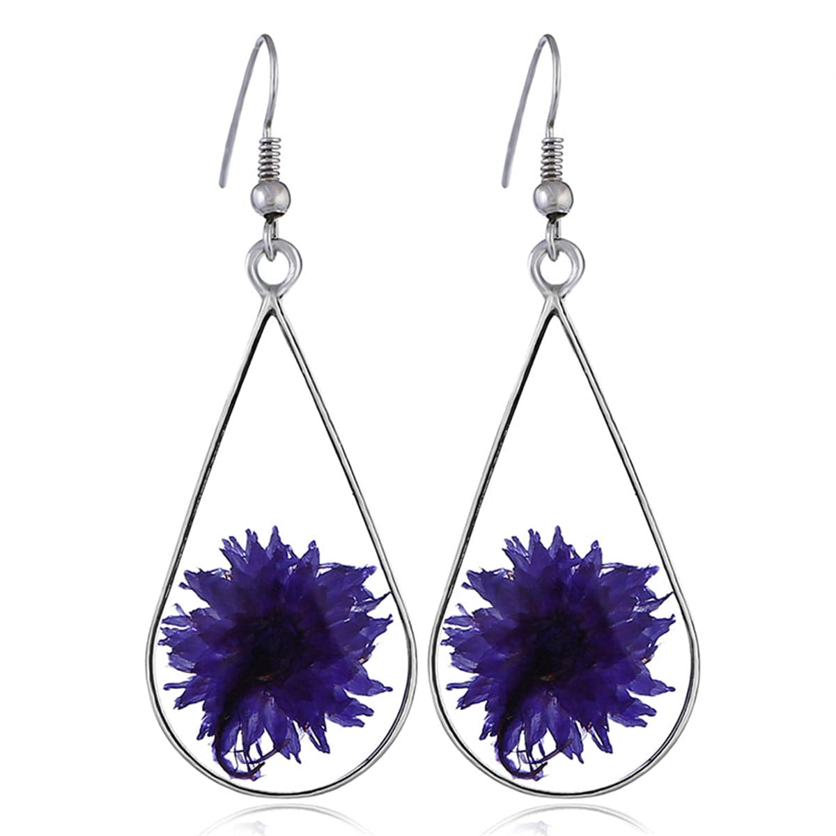 Purple Pressed Peony and Silver-Plated Drop Earrings, silver drop earrings for women, botanical inspired, front view