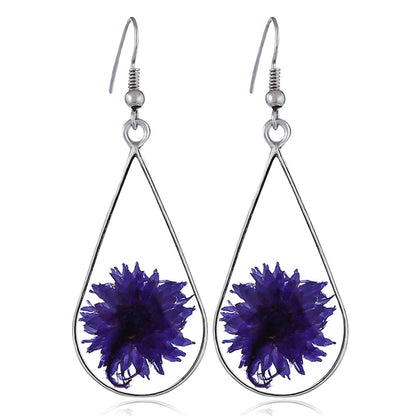 Purple Pressed Peony and Silver-Plated Drop Earrings, silver drop earrings for women, botanical inspired, front view