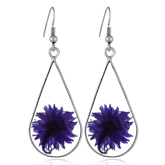 Purple Pressed Peony and Silver-Plated Drop Earrings, silver drop earrings for women, botanical inspired, front view